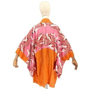 Vintage 60s Showa Era Pink Orange Silk Crane Motif Haori Kimono Jacket